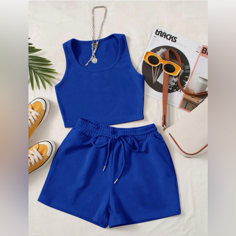 Shorts set, matching set, tank, shorts, royal blue, blue, summer set